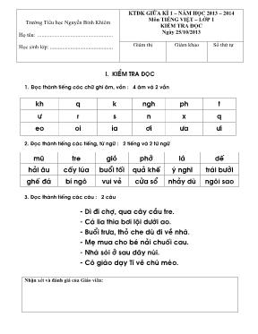 Đề kiểm tra định kỳ giữa học kỳ I môn Tiếng Việt + Toán Lớp 1 - Năm học 2012-2013 - Trường TH Nguyễn Bỉnh Khiêm